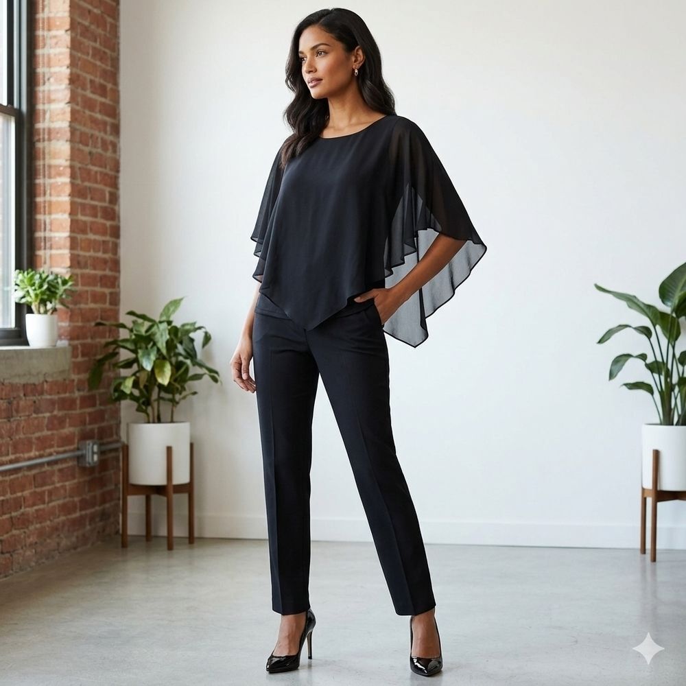 I.N. Studio Petite PM Black Chiffon Cape Overlay Blouse Flowy Flutter Sleeve Top